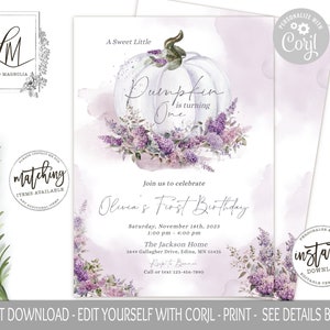 Purple Lilac Watercolor Pumpkin Birthday Invitation, Little Pumpkin, Purple Watercolor Girl Birthday Invite, Lilac Flowers, Editable Invite