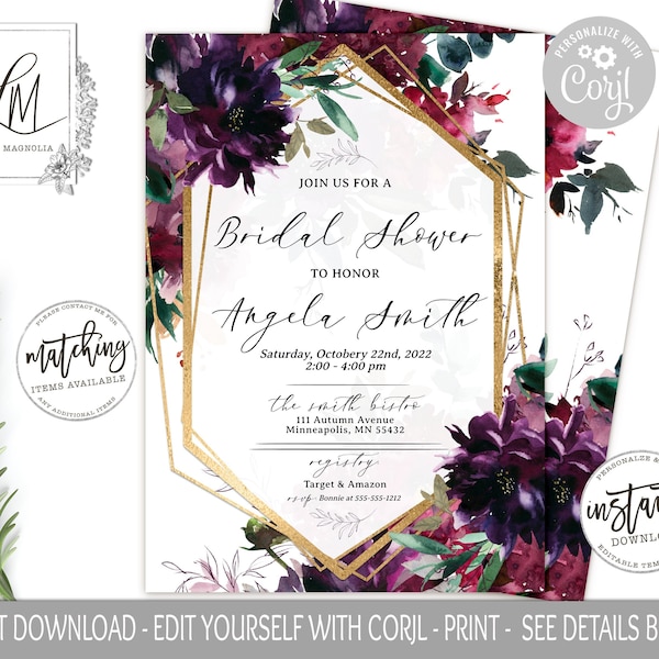 Burgundy Floral Bridal Shower Invitation Template, Purple, Plum Flowers, Gold Geometric Bridal Shower, Boho Burgundy Floral, Edit at Corjl