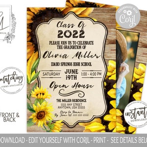 Sunflower Photo Graduation Invitation, Graduation Party Invitation, Rustic Sunflower Invitation, Photo Floral Party Invite Editable at Corjl