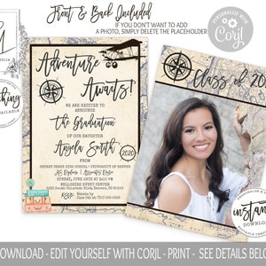 Adventure Awaits Photo Graduation Invitation, Custom Listing for 5x7 and 4x8 graduation invitation and 4x5 Advice For the Graduate template image 1