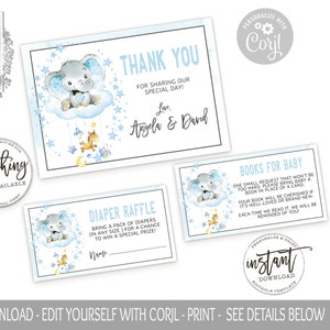 Blue Elephant Baby Shower Template Package, Thank You Card, Books for Baby, Diaper Raffle Ticket, Baby Shower Add Ons , Bow Tie, Edit Corjl