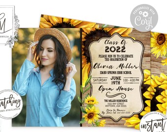 Sunflower Graduation Invitation: Rustic Photo Party Invite (Editable Template)