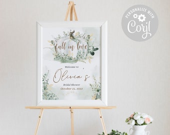 Fall Bridal Shower Welcome Sign, Greenery Pumpkin Decor (Instant Download)