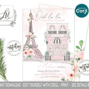 Paris Birthday Invitation, French Patisserie, Parisian Cafe, French Birthday, Blush Pink Floral, Eiffel Tower, Editable Invitation Template