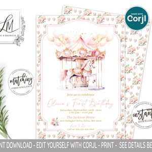 Pink Carousel 1st Birthday Invitation: Roses, Watercolor (Corjl Template DIY)