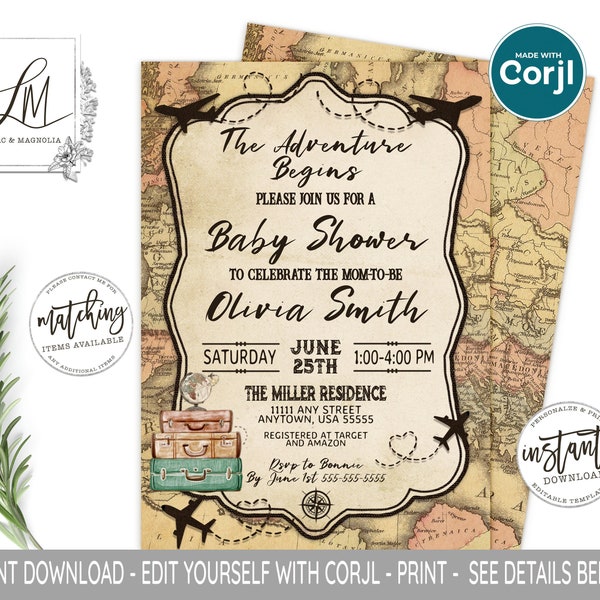 Travel Baby Shower Invitation, Adventure Awaits Invitation Template, Wanderlust Luggage, Vintage Travel Theme World Map Invite EDIT at Corjl