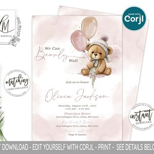 Teddy Bear Baby Shower Invitation, Girl Baby Shower, We Can Bearly Wait Baby Shower Invite, Bear Balloon Baby Shower, Pink and Brown Bear