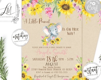 Sunflower Elephant Baby Shower Invitation, Editable Template, Pink Elephant Invite, Pink Flowers, Sunflower Baby Shower, Edit with Corjl DIY