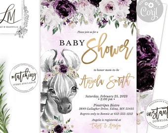 Zebra Baby Shower Invitation: Purple Floral, Editable Template (Corjl)