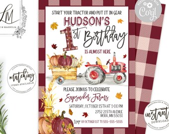 May include: A rustic-themed birthday invitation featuring a red tractor, pumpkins, and fall foliage. The invitation includes the text "Hudson's 1st Birthday" and event details. The design has a plaid border and the text "Instant Download - Edit Yourself with Corjl - Print - See Details Below."