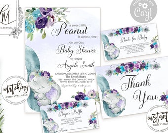 Purple Floral Elephant Baby Shower Invitation Set Package, Editable Template, Baby Girl, Floral Elephant, Turquoise Purple, Little Peanut