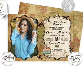 Vintage World Map Graduation Photo Invitation (Digital Download)