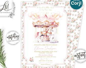 Pink Carousel Baby Shower Invitation: Roses, Corjl Template (DIY)
