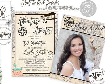 Adventure Awaits Graduation Invitation: Vintage World Map Photo Card (EDIT at Corjl)