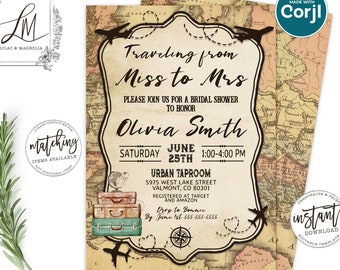 Vintage Travel Bridal Shower Invitation: World Map Adventure (EDIT at Corjl)