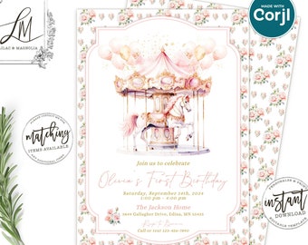 Pink Carousel 1st Birthday Invitation: Roses, Watercolor (Corjl Template DIY)