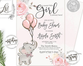 Girl Elephant Baby Shower Invitation: Pink Watercolor (Editable Corjl Template)