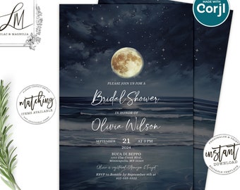 Starry Night Bridal Shower Invitation: Watercolor Moon (EDIT at Corjl)