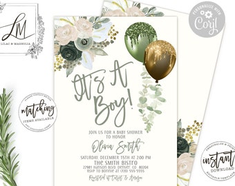 Sage Green Baby Shower Invitation: Gold Balloons, Editable Template (Corjl)