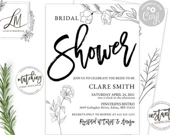 Black and White Bridal Shower Invitation Template, Minimalist, Modern, Simple Bridal Shower, Bridal Shower Invitation, Editable at Corjl