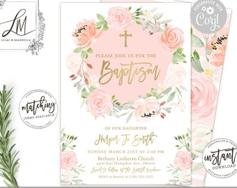 Blush Pink Floral Baptism Invitation: Editable Girl Christening (EDIT at Corjl)