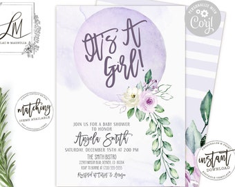 Lilac Floral Balloon Baby Shower Invitation (Editable Template)