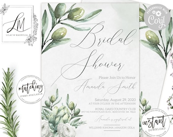 Tuscan Bridal Shower Invitation: Olive Branch, White Flowers (Editable at Corjl)