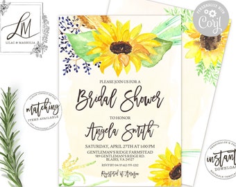 Sunflower Bridal Shower Invitation: Rustic Watercolor Floral (Digital Download)