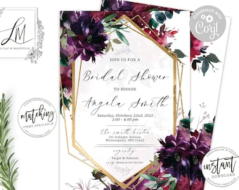 Burgundy Floral Bridal Shower Invitation: Gold Geometric Design (Edit at Corjl)