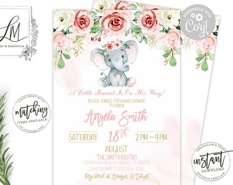 Elephant Baby Shower Invitation Template: Blush Pink Roses (Editable at Corjl)