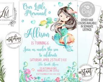 Mermaid Birthday Invitation, Little Mermaid Birthday Party Invite, Editable Girl Under the sea Birthday Template Printable Invitation, Corjl