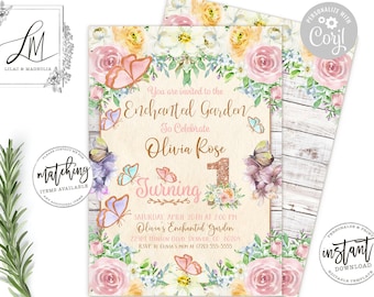 Enchanted Garden EDITABLE INVITATION, Pastel Flower Garden Party Theme, Floral First Birthday, Pink and Rose Gold, Butterfly, Edit at Corjl
