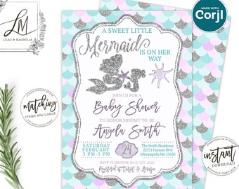 Purple Mermaid Baby Shower Invitation, Editable Template, Silver Glitter Mermaid, Pastel Mermaid Printable, Under the Sea, Edit with Corjl