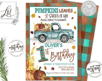 Editable Pumpkin Invitation, Fall Truck Boy Birthday Invite, Pumpkin Patch, Autumn Birthday Invitation, Fall Plaid, Copper, Patina, Corjl