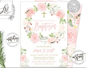 Blush Pink Floral Baptism Invitation: Editable Girl Christening (Digital)