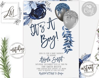 Navy Blue Baby Shower Invitation: Silver Balloons (Editable Template)