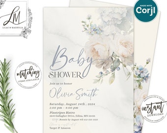 Dusty Blue Floral Baby Shower Invitation: Editable Template (Digital Download)
