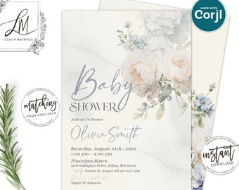 Dusty Blue Watercolor Floral Baby Shower Invitation, Boy Baby Shower, Light Blue Floral Baby Shower, Soft Blue Invitation, Editable Template