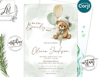 Teddy Bear Baby Shower Invitation, Gender Neutral, We Can Bearly Wait Baby Shower Invite, Bear Balloon Baby Shower, Brown Baby Bear, Corjl