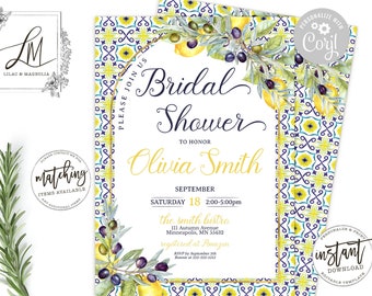 Lemon And Olives Bridal Shower Invitation Template, Mediterranean Italian Blue Tiles Bridal Shower Arched Invite, Main Squeeze Edit at Corjl