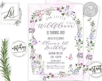 Wildflower 1st Birthday Invitation: Butterfly Floral Arch (Editable Corjl Template)