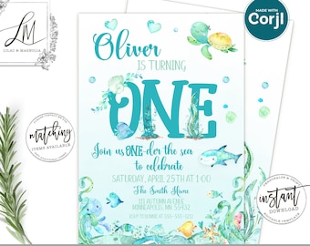 Under the Sea Invitation Template, Under the Sea Party, Ocean Theme Birthday, First Birthday, Sea Creatures, ONE-der the Sea, Edit at Corjl