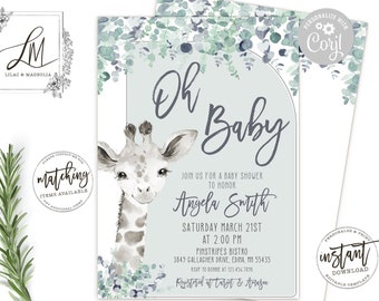 Giraffe Baby Shower Invitation Set: Eucalyptus Arch (Digital Download)