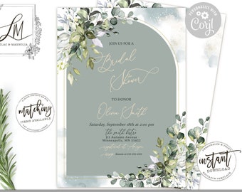 Eucalyptus Bridal Shower Invitation: Sea Glass Greenery Arch (Edit at Corjl)