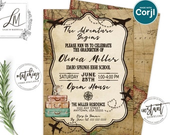 Vintage World Map Graduation Invitation Template (EDIT at Corjl)