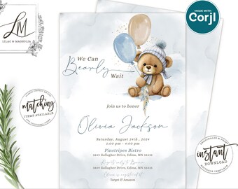 Teddy Bear Baby Shower Invitation, Boy Baby Shower, We Can Bearly Wait Baby Shower Invite, Bear Balloon Baby Shower Brown Baby Bear Corjl