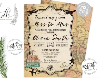 Miss to Mrs Travel Bridal Shower Invitation, Adventure Begins Invitation Template, Vintage Travel Theme, World Map Invitation, EDIT at Corjl