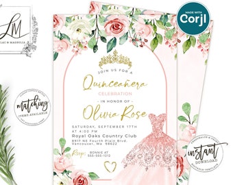 Blush Pink Quinceanera Invitation: Ball Gown, Editable (Digital Download)
