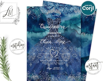Navy Blue Quinceanera Invitation: Ball Gown, Editable (Digital)