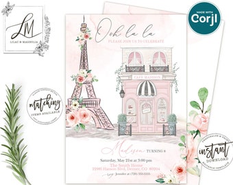 Paris Birthday Invitation, French Patisserie, Parisian Cafe, French Birthday, Blush Pink Floral, Eiffel Tower, Editable Invitation Template